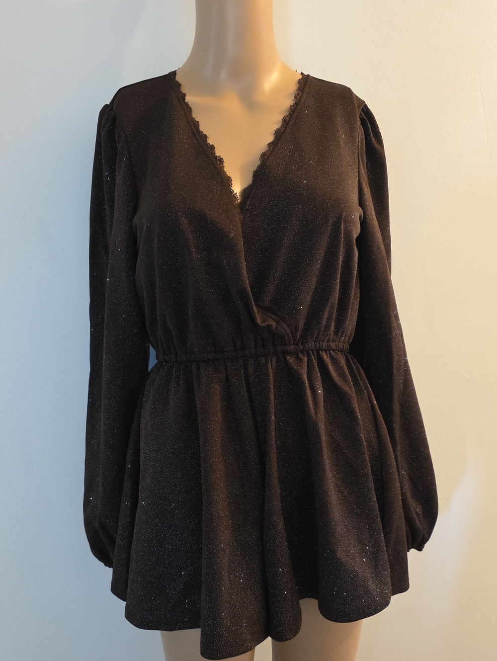 Francesca's Collections Black Sparkle Long Sleeve Wrap Romper Dress